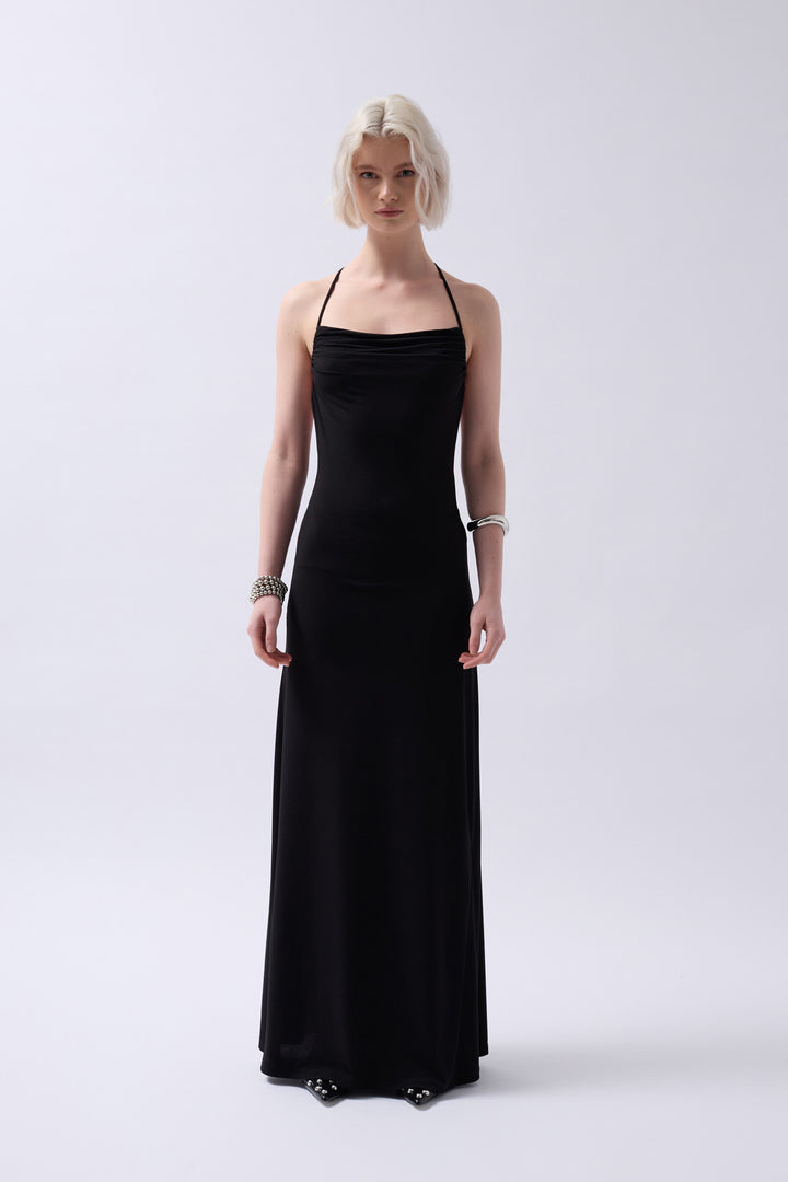 Claudia Tie Up Detail Dangle Collar Maxi Dress - Black