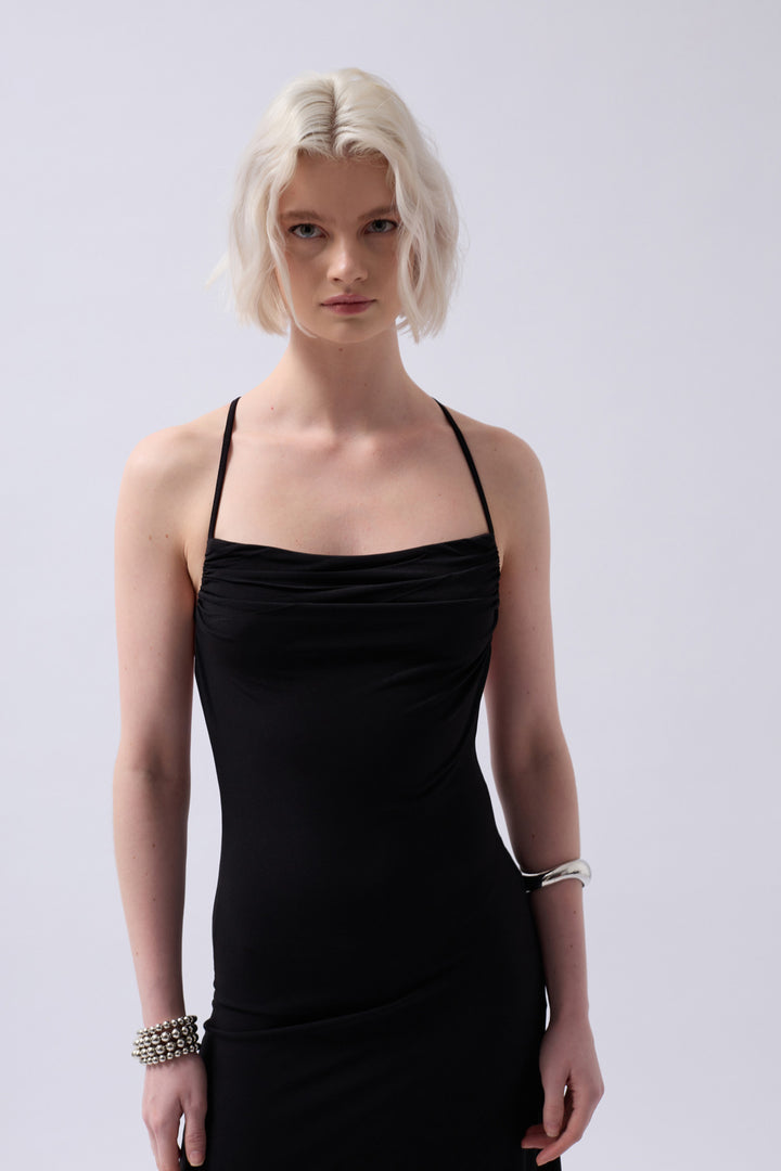 Claudia Tie Up Detail Dangle Collar Maxi Dress - Black