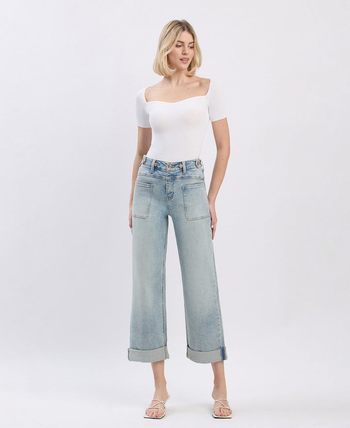 Super High Rise Tab Waistband Cuff Slim Wide Jeans - Commisioner