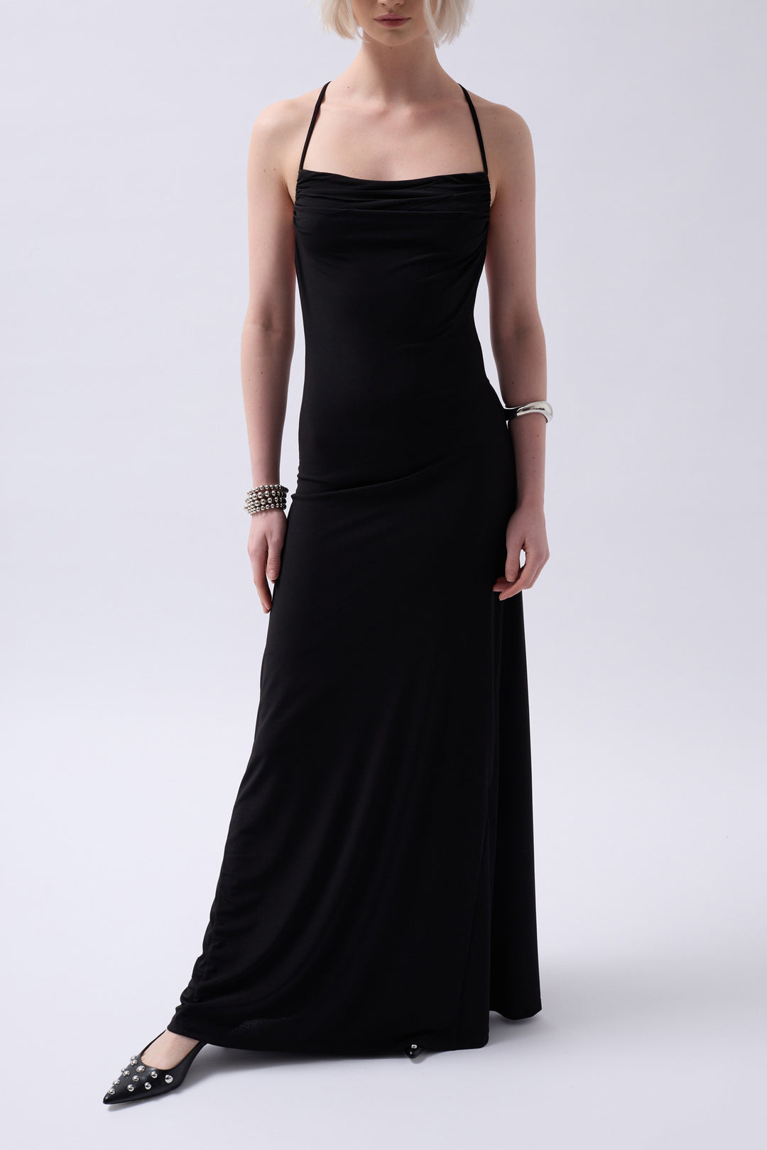 Claudia Tie Up Detail Dangle Collar Maxi Dress - Black