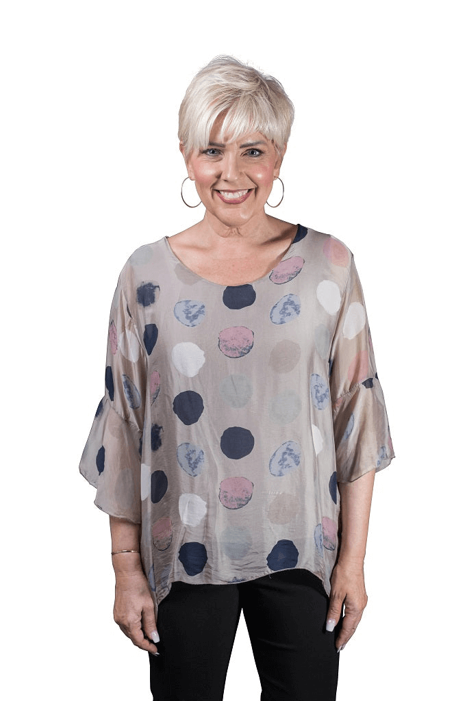 Martine Circle Flutter Cuff Silk Blouse - Taupe - Tees By Tina