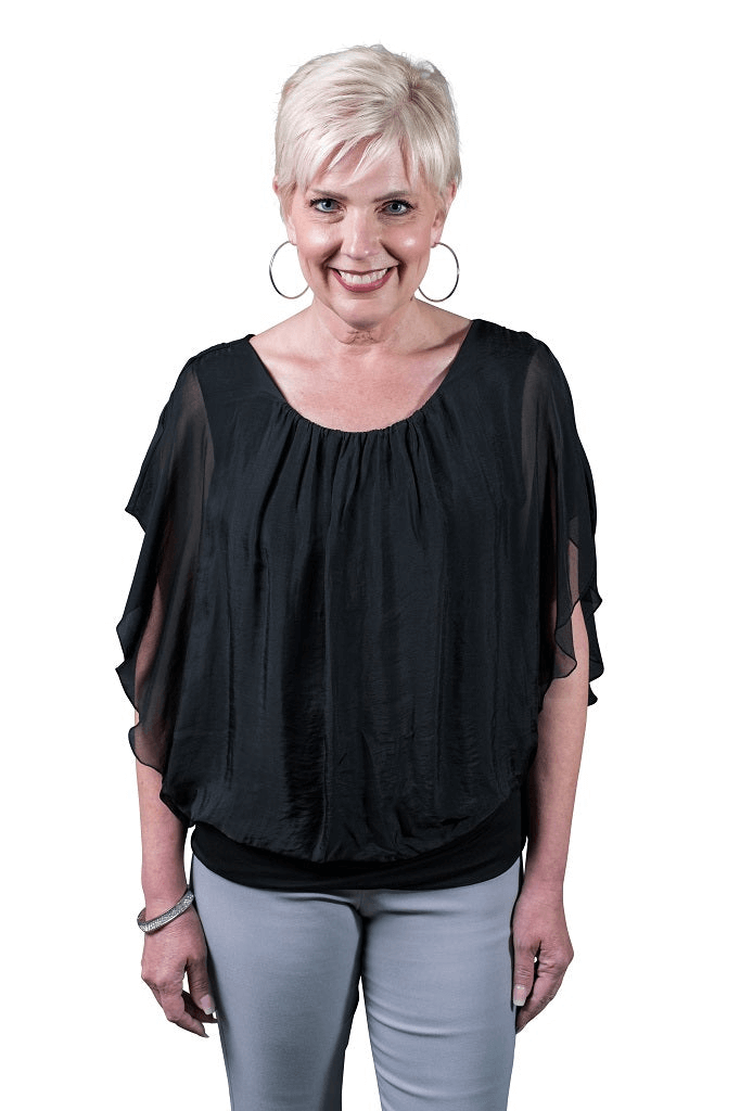 Aurora Flutter Fly Sleeve Silk Top w/ Band Bottom - Black - Tees By Tina