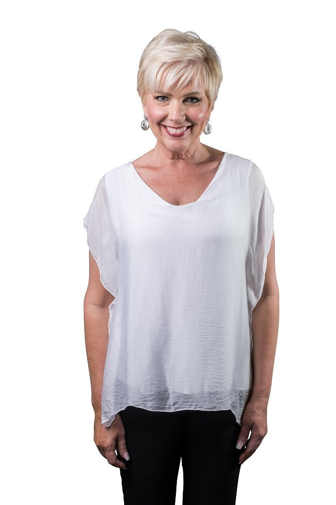 Alyssa Silk Flutter Sleeve Top - White - Tees By Tina