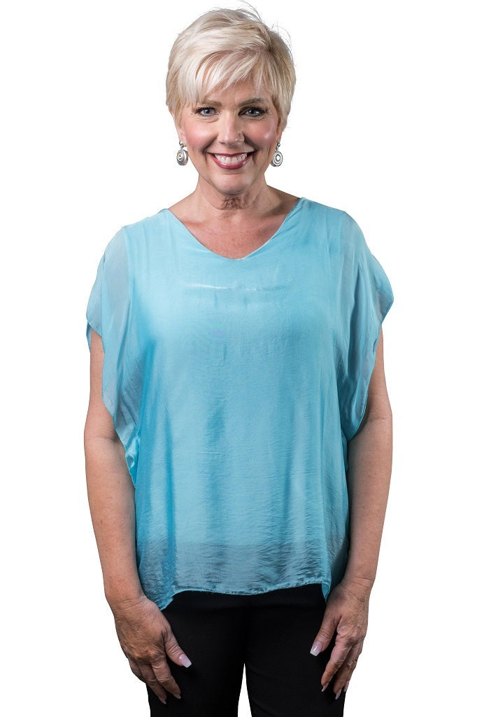 Alyssa Silk Flutter Sleeve Top - Turquoise - Tees By Tina