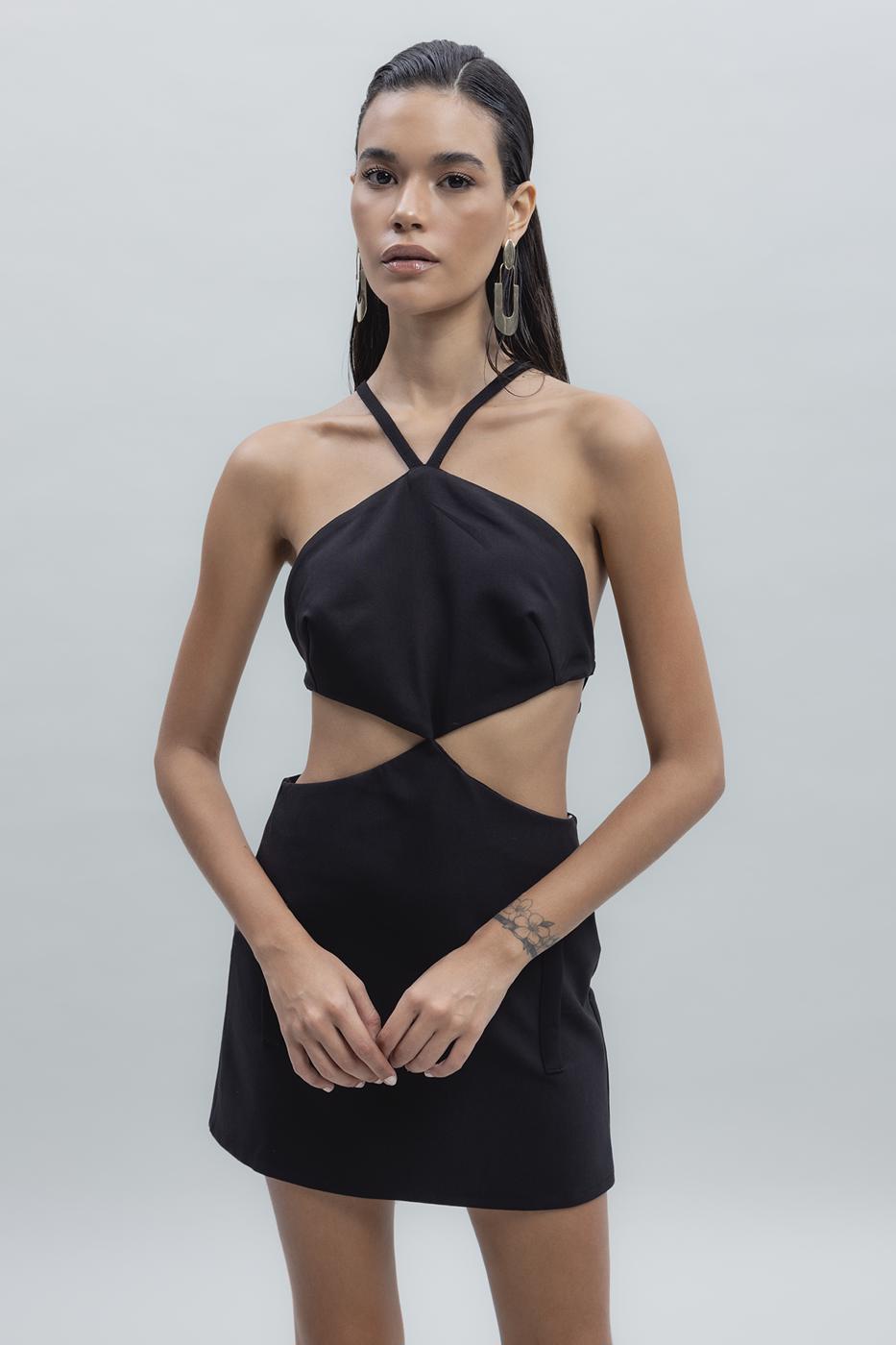 Black mini dress featuring a fitted silhouette, banded waist, and round neckline – made in Türkiye
