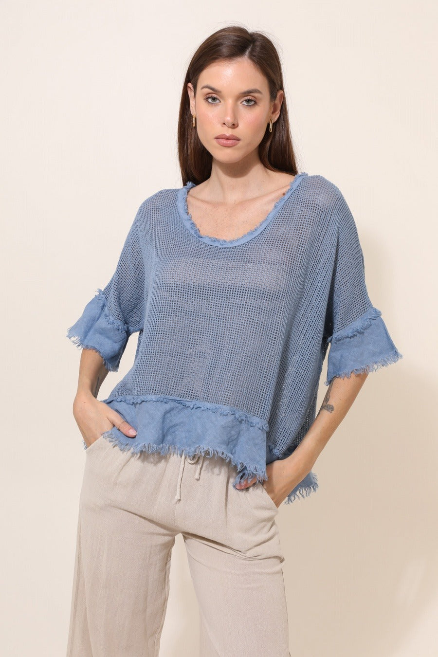 blue boho knit top with short sleeves and scoop neckline – lightweight and relaxed fit