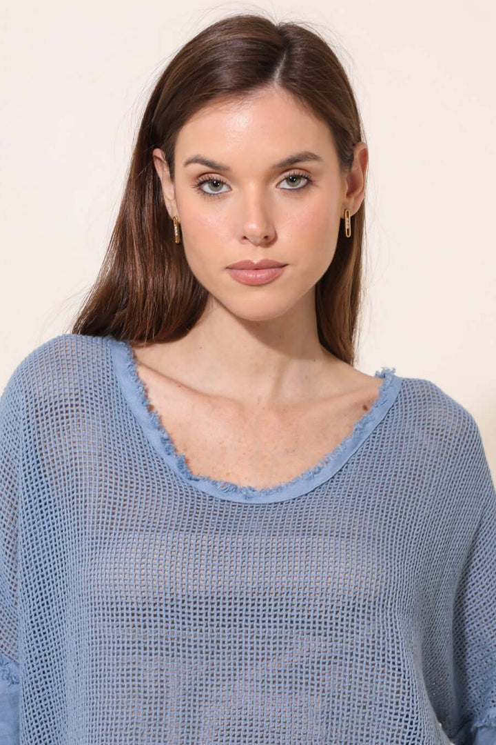 Close-up of blue open-knit cotton fabric showcasing breathable texture and soft finish