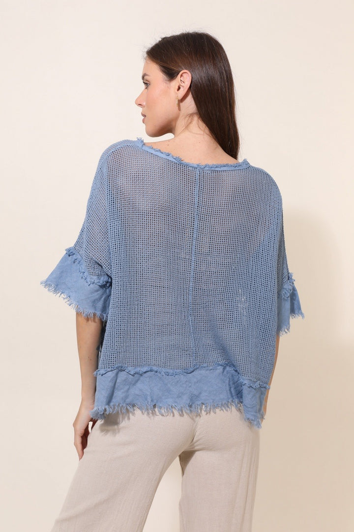 Back view of blue boho knit top featuring open-knit design and relaxed shoulder seams