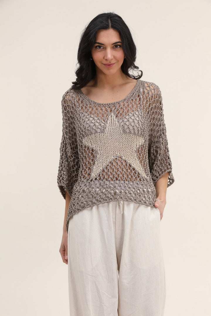 Effortless spring outfit featuring white star-patterned cotton sweater paired with jeans