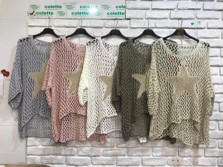 army green cotton open-work sweater featuring star pattern and relaxed fit – made in Italy