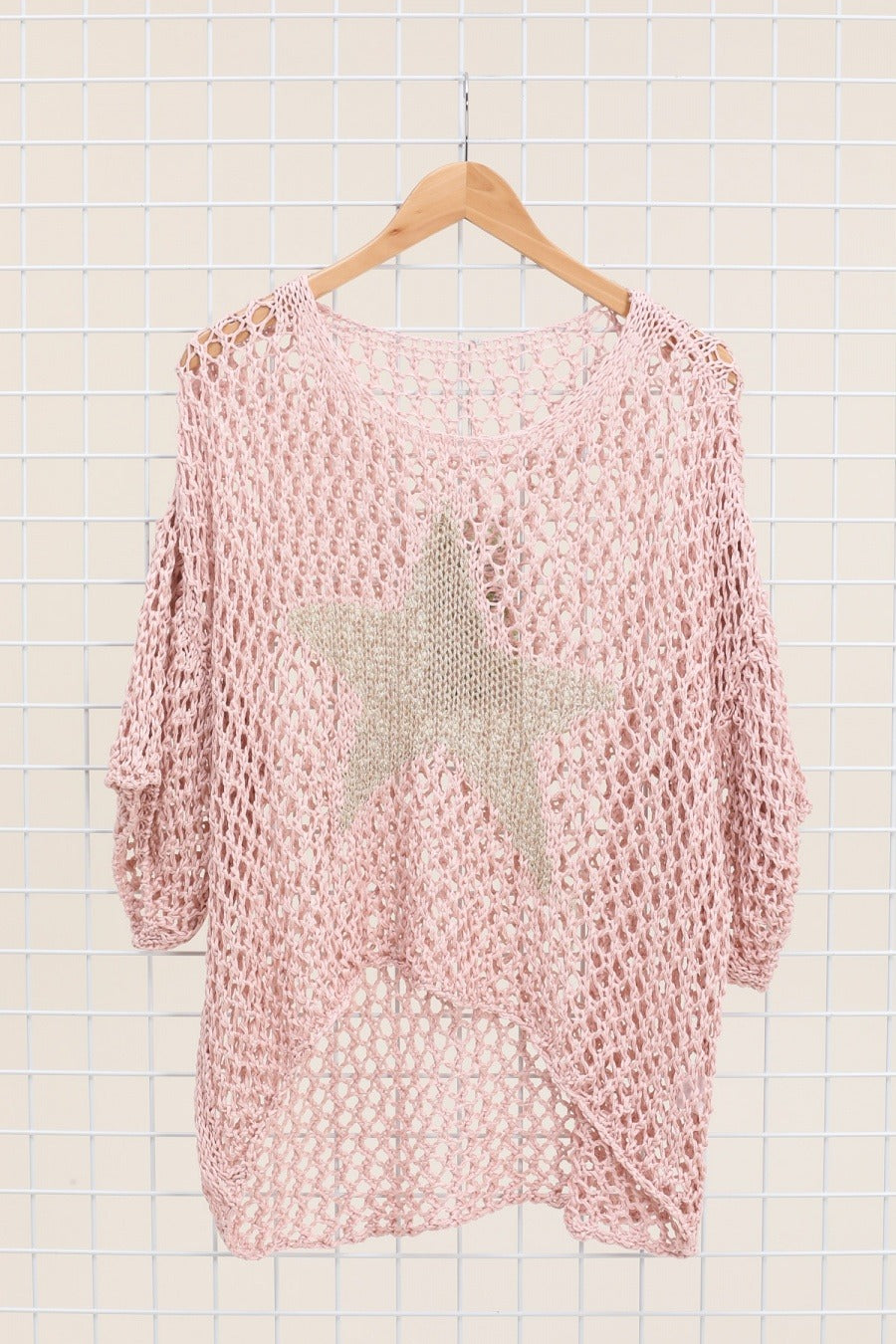 pink cotton open-work sweater featuring star pattern and relaxed fit – made in Italy