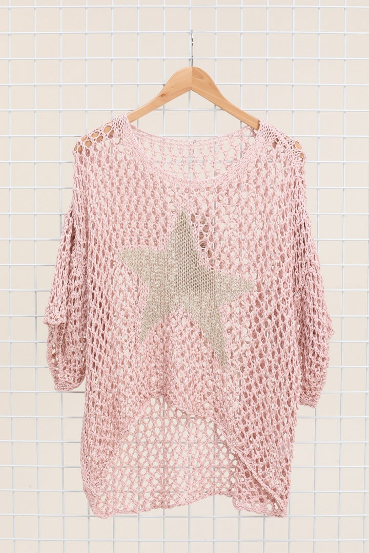 pink cotton open-work sweater featuring star pattern and relaxed fit – made in Italy
