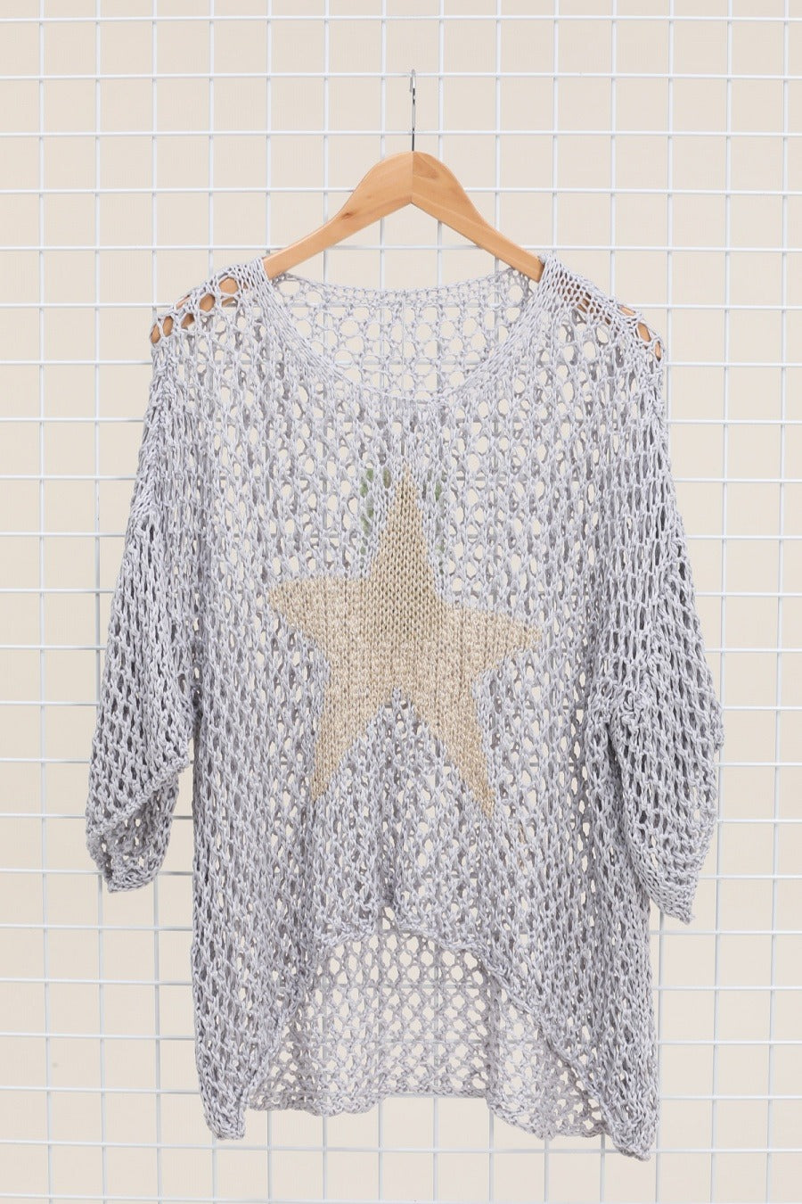 grey cotton open-work sweater featuring star pattern and relaxed fit – made in Italy