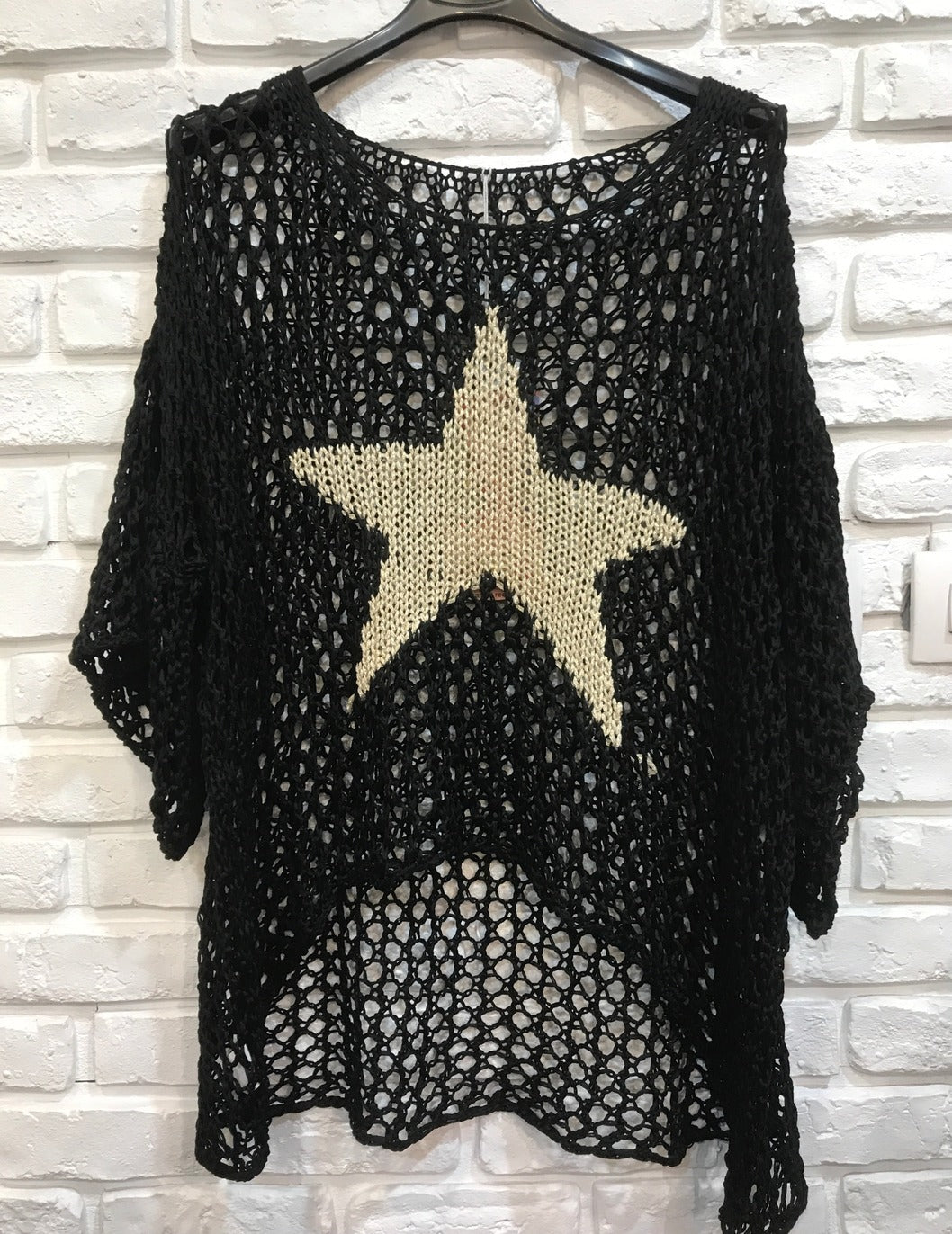 black cotton open-work sweater featuring star pattern and relaxed fit – made in Italy