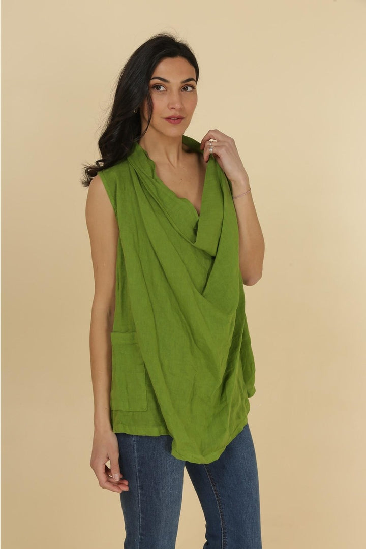 Green linen top featuring elegant cowl neck and relaxed fit – made in Italy for spring/summer