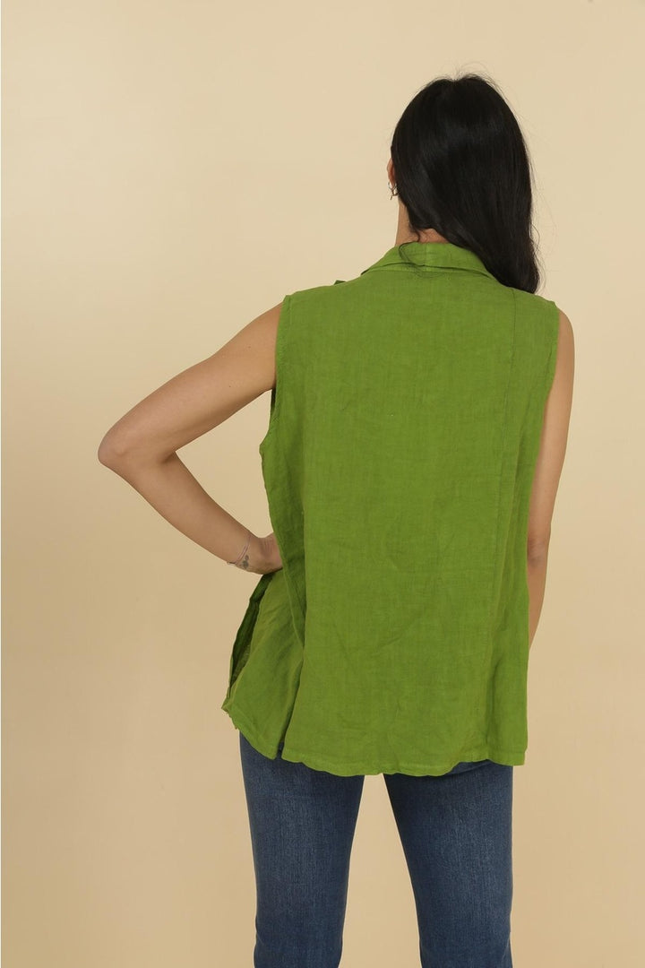Back view of Italian-made pink linen top featuring elegant cowl neck and relaxed fit.