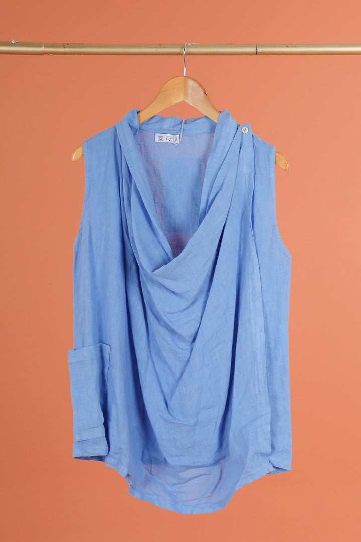 Blue linen top featuring elegant cowl neck and relaxed fit – made in Italy for spring/summer