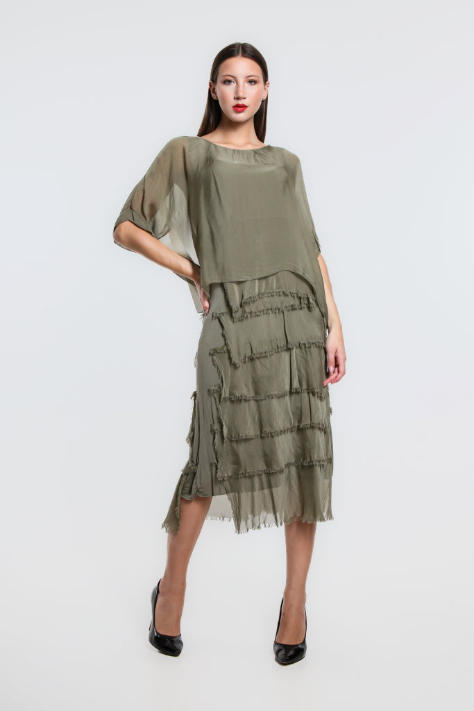 Gail Tiered Silk Ruffle Dress - Olive - Tees By Tina