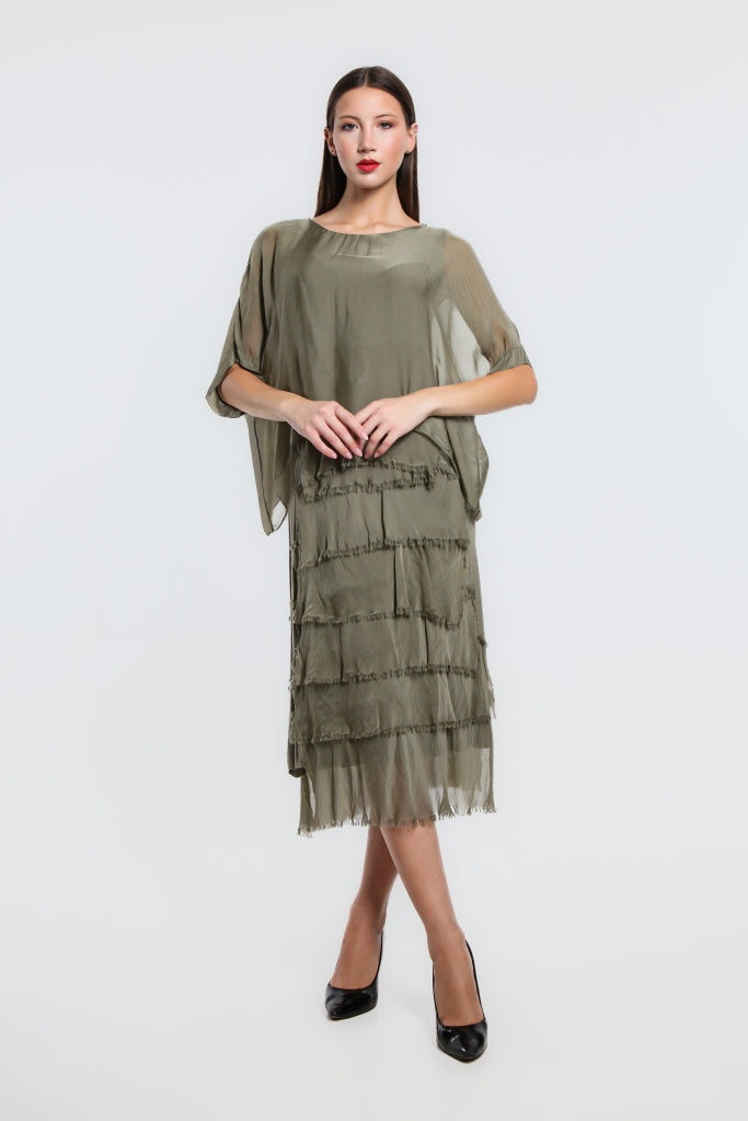 Gail Tiered Silk Ruffle Dress - Olive - Tees By Tina