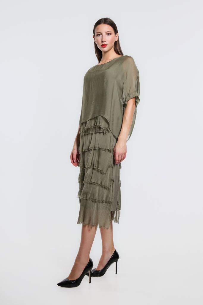 Gail Tiered Silk Ruffle Dress - Olive - Tees By Tina
