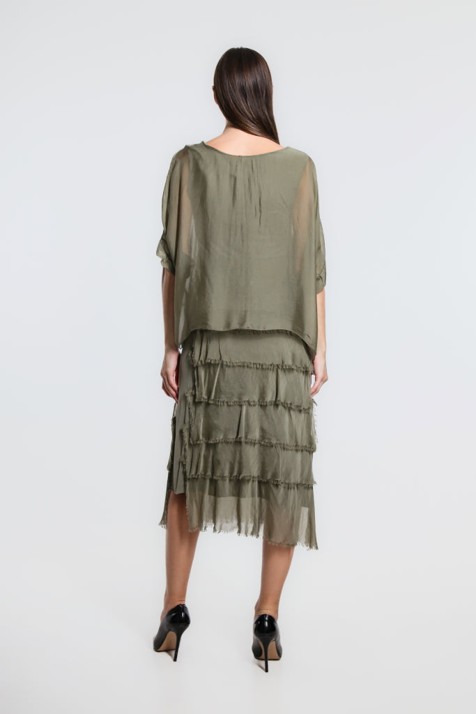 Gail Tiered Silk Ruffle Dress - Olive - Tees By Tina