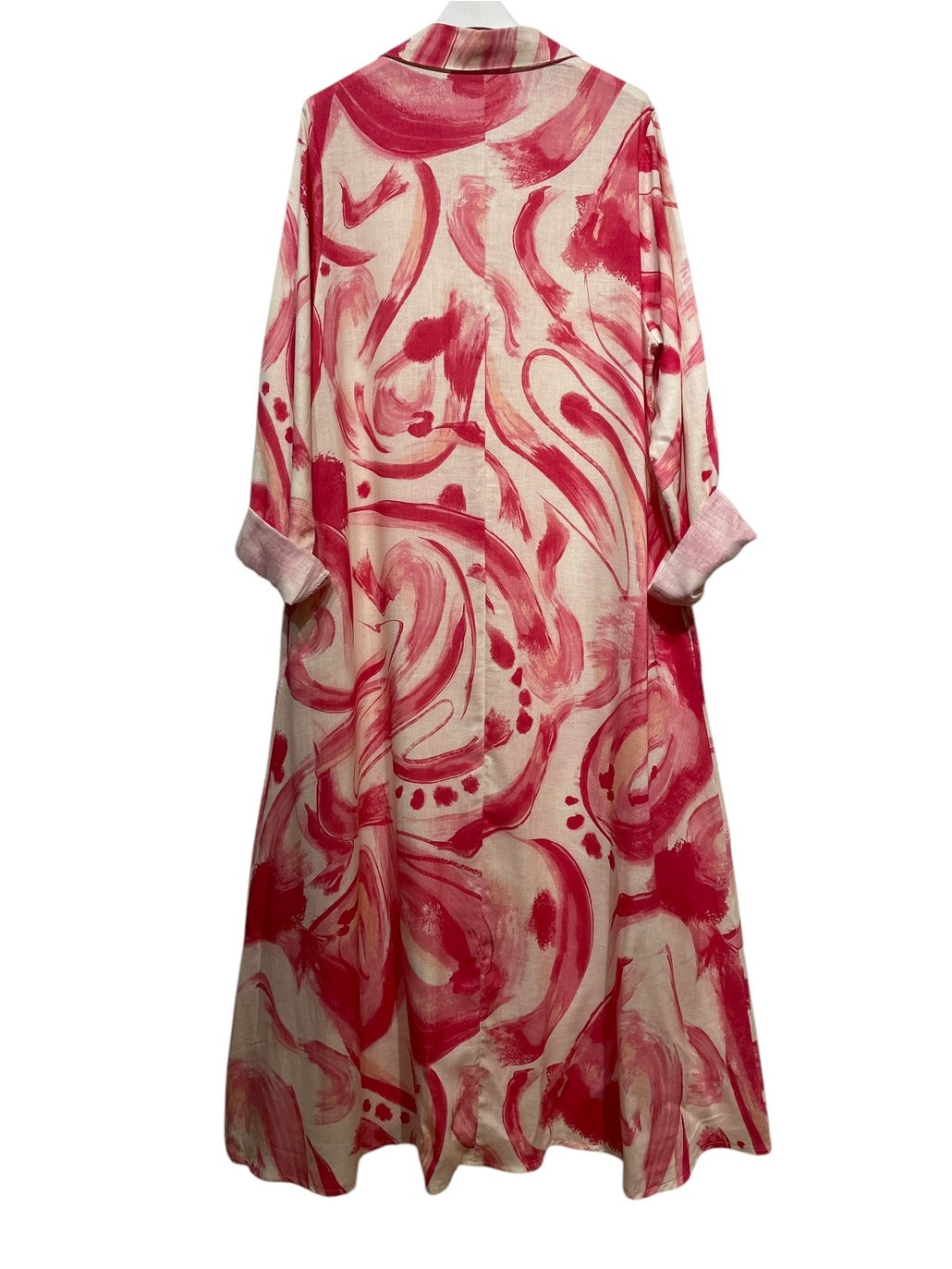 Back view of Italian-made natural red linen dress featuring relaxed fit and minimalist design