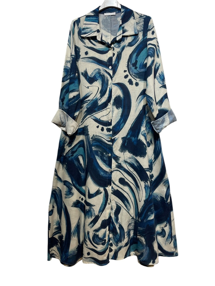 Women's long Italian navy linen dress in natural color, featuring sleeveless design and relaxed fit