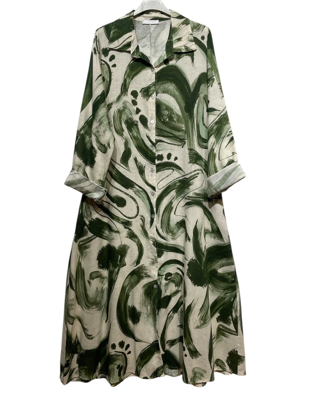 Women's long Italian green linen dress in natural color, featuring sleeveless design and relaxed fit
