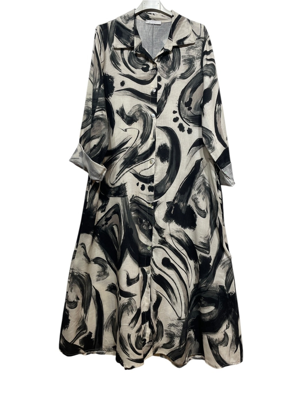 Women's long Italian black linen dress in natural color, featuring sleeveless design and relaxed fit