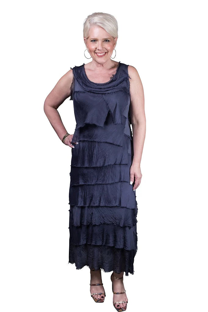 Aleena Silk Maxi Ruffle Dress - Navy - Tees By Tina