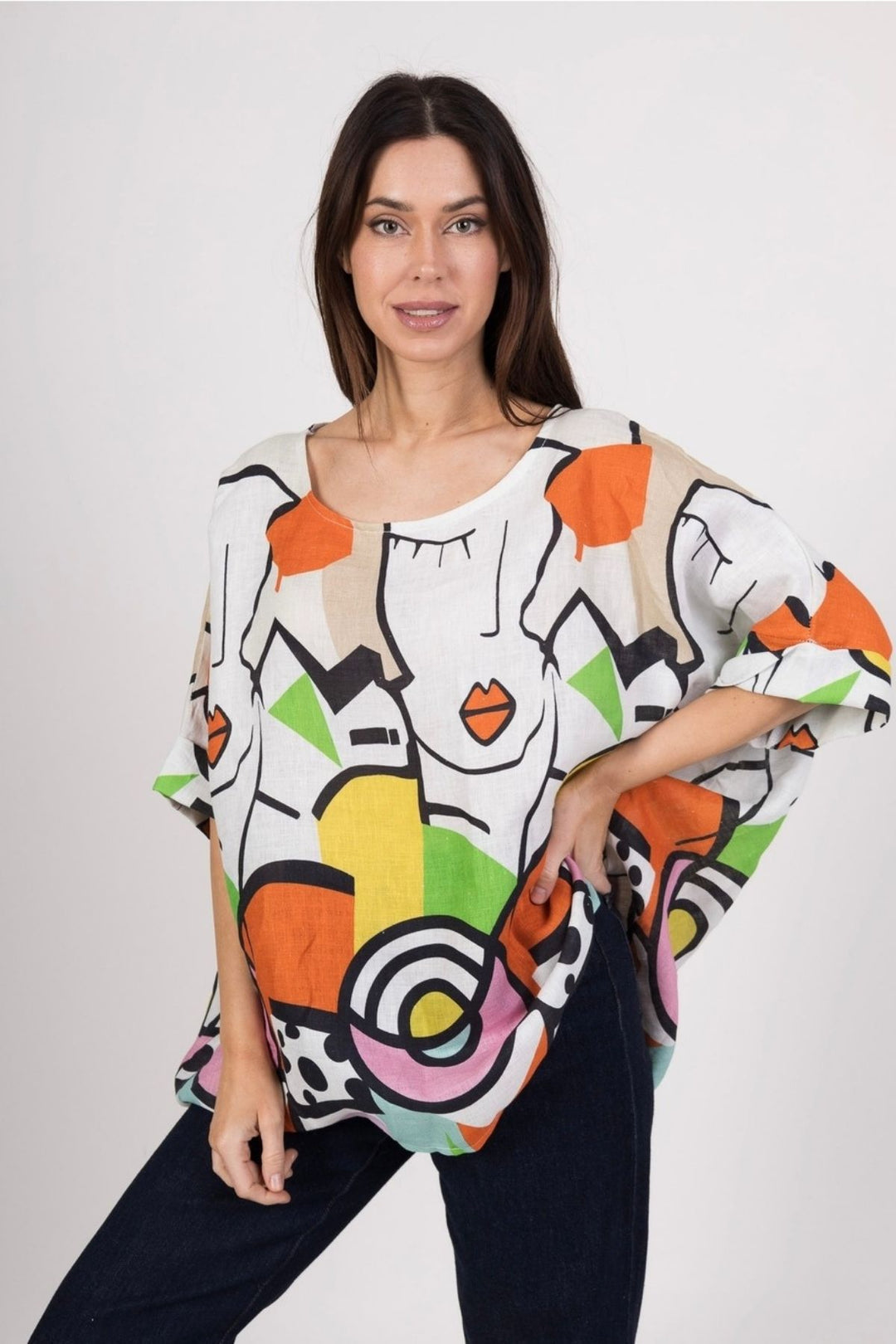 Women's Italian linen top featuring vibrant Picasso-inspired abstract print and relaxed fit