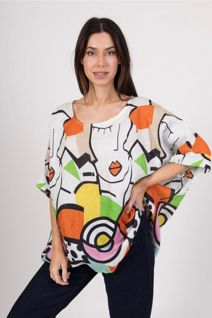 Women's Italian linen top featuring vibrant Picasso-inspired abstract print and relaxed fit