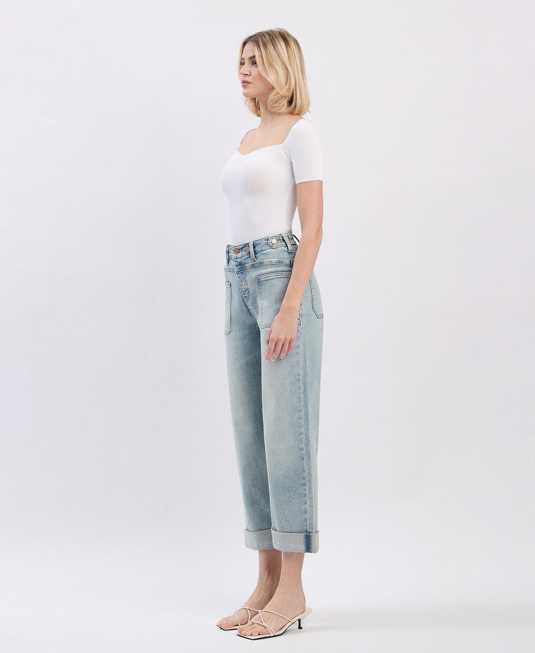 Super High Rise Tab Waistband Cuff Slim Wide Jeans - Commisioner