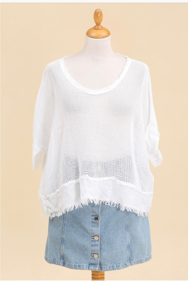 Effortless summer outfit with white boho knit top styled with linen shorts and sandals