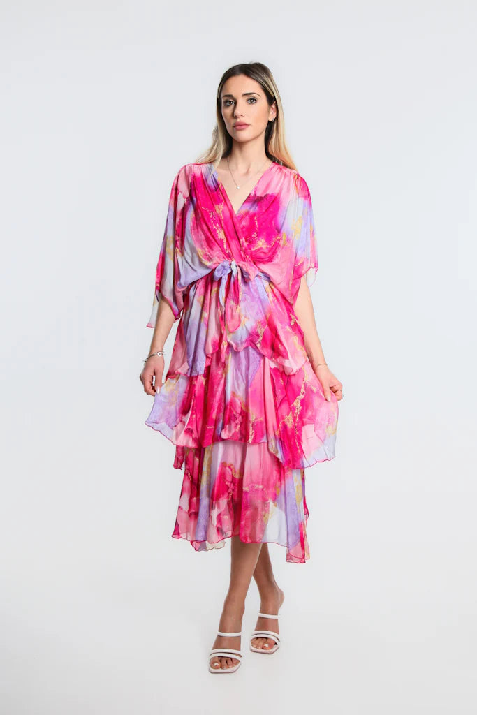 Dawn Abstract Watercolor Cross Front Silk Ruffle Dress - Tees By Tina