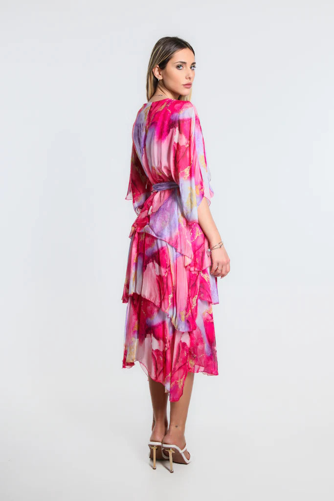 Dawn Abstract Watercolor Cross Front Silk Ruffle Dress - Tees By Tina