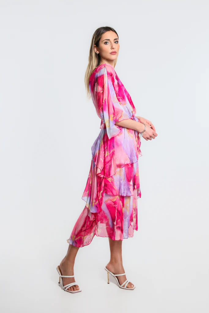 Dawn Abstract Watercolor Cross Front Silk Ruffle Dress - Tees By Tina