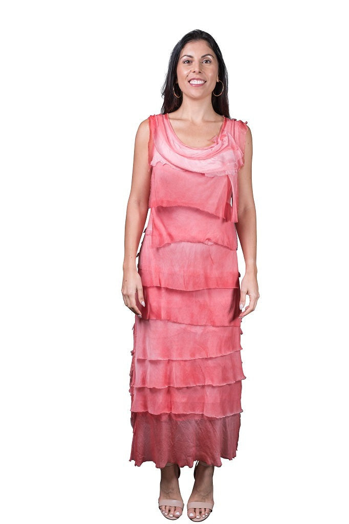 Brushed coral silk maxi dress featuring layered ruffles, scoop neckline, and flowy silhouette