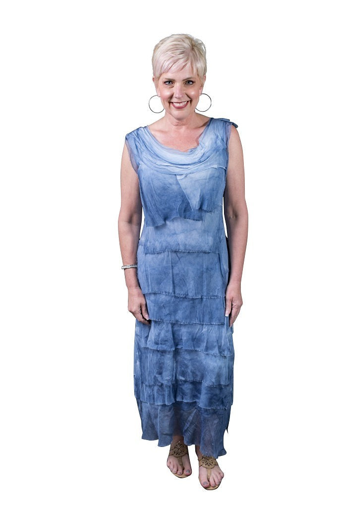 Brushed jeans blue silk maxi dress featuring tiered ruffles, scoop neckline, and relaxed fit
