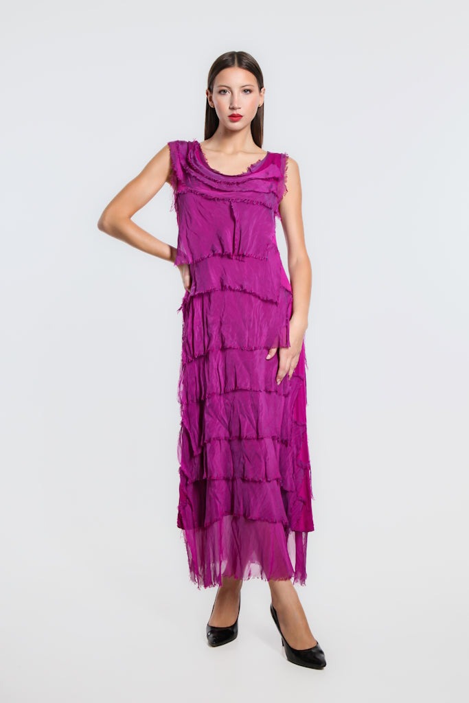 Purple silk maxi dress featuring scoop neckline, layered ruffles, and relaxed flowy fit
