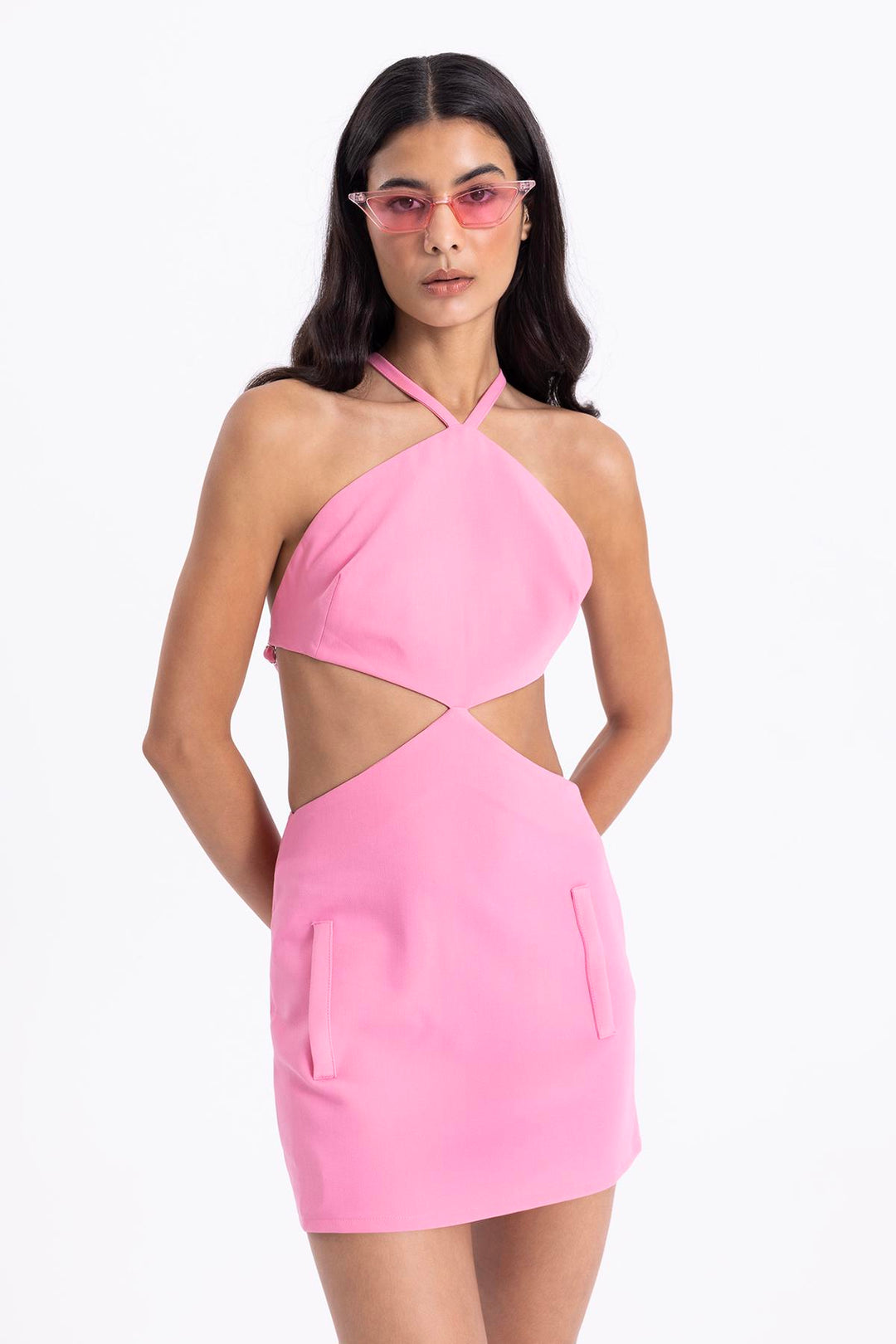 Pink mini dress featuring round neckline, fitted silhouette, and banded waist – made in Türkiye