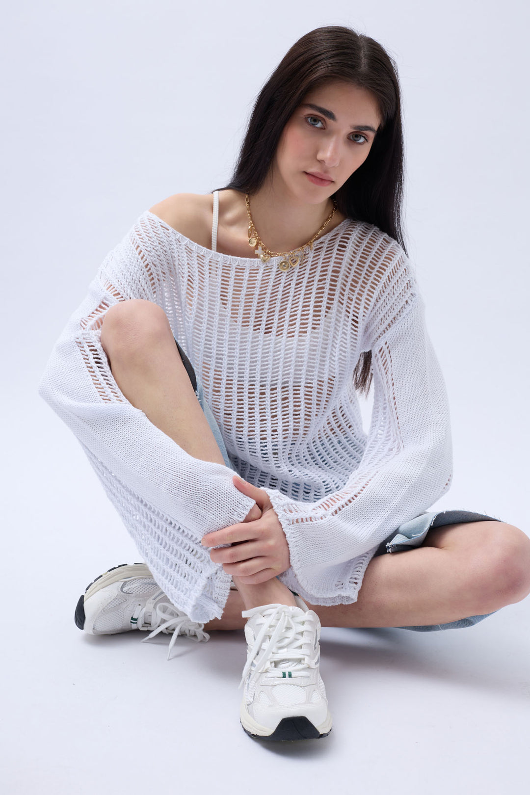 Boat Neck Openwork Blouse - White