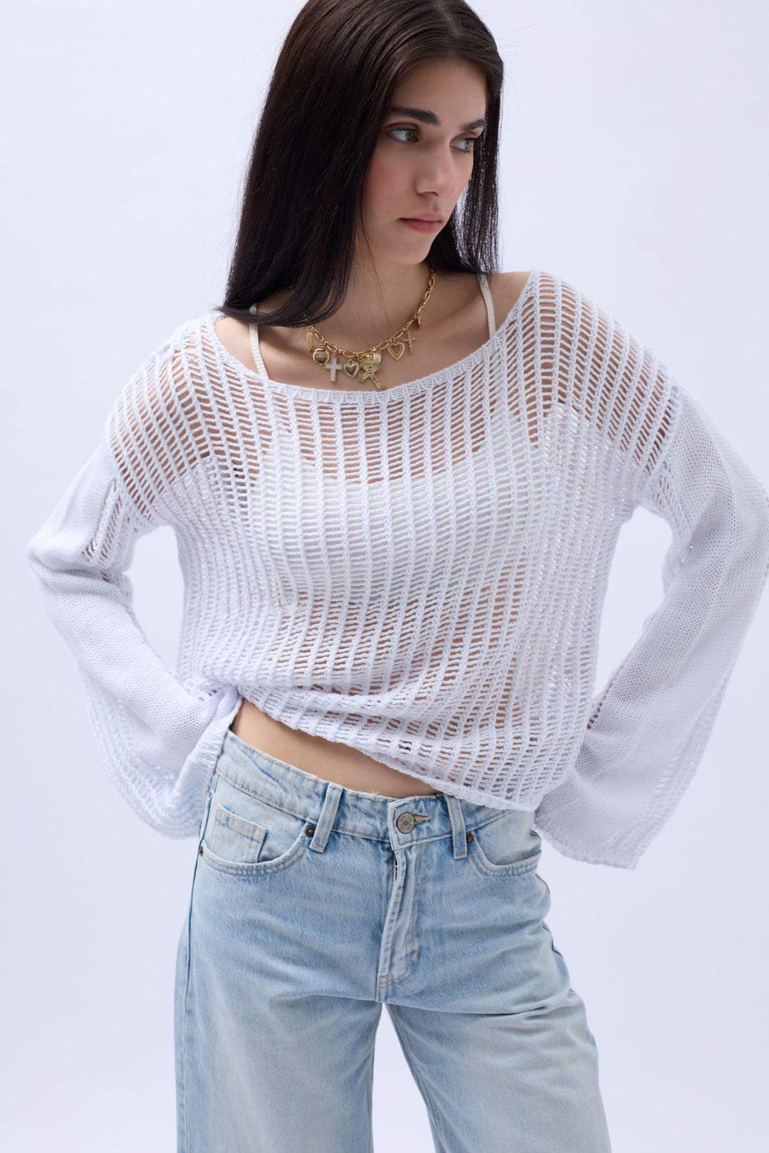 Boat Neck Openwork Blouse - White