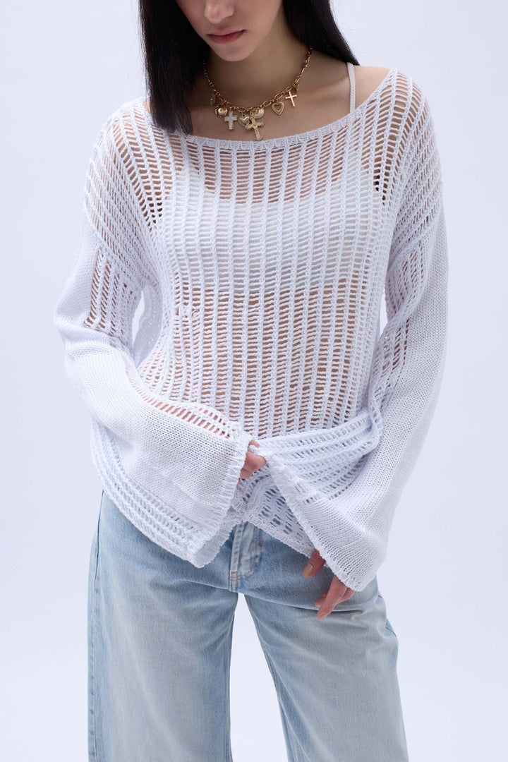 Boat Neck Openwork Blouse - White