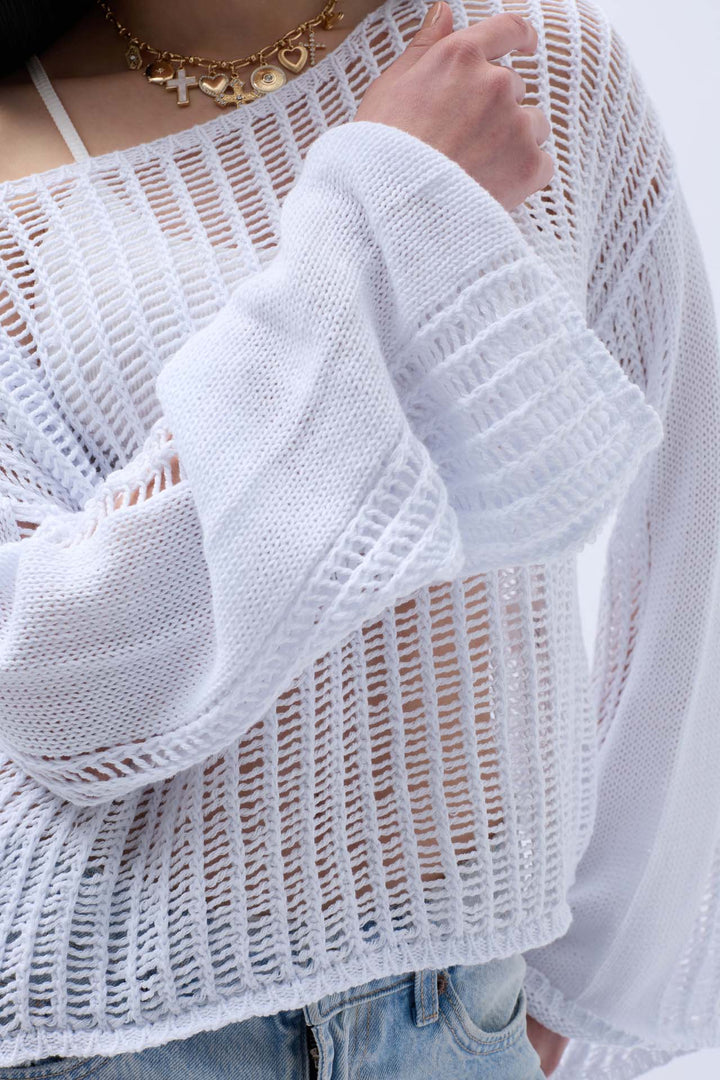 Boat Neck Openwork Blouse - White