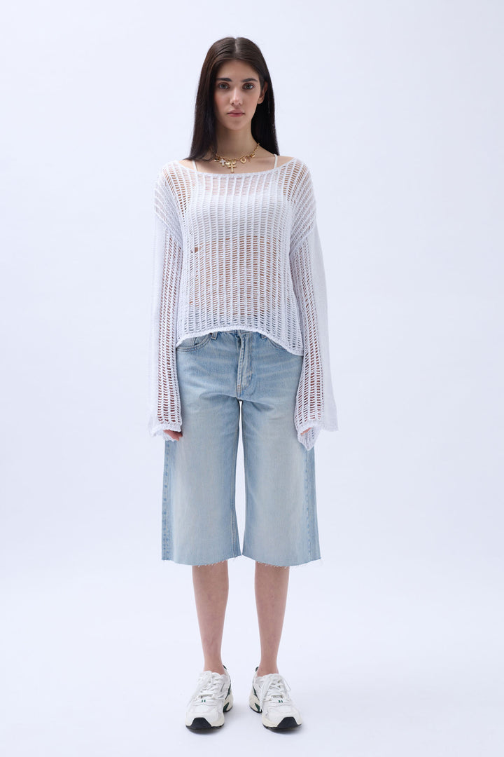 Boat Neck Openwork Blouse - White