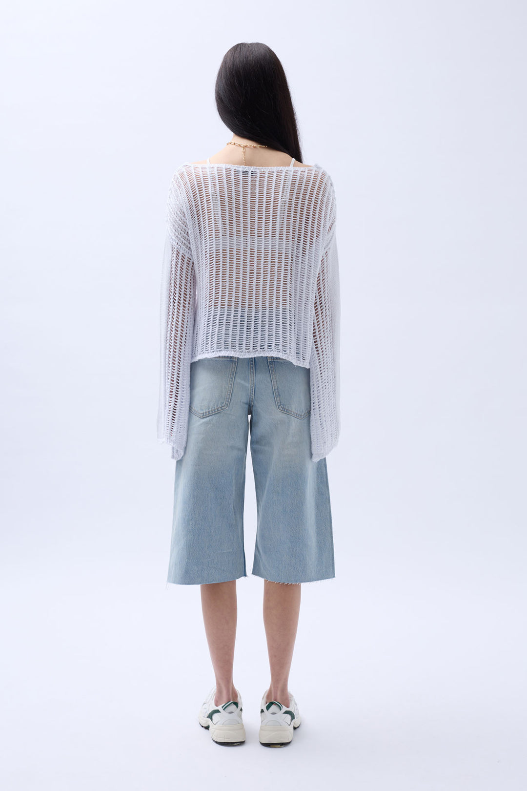 Boat Neck Openwork Blouse - White