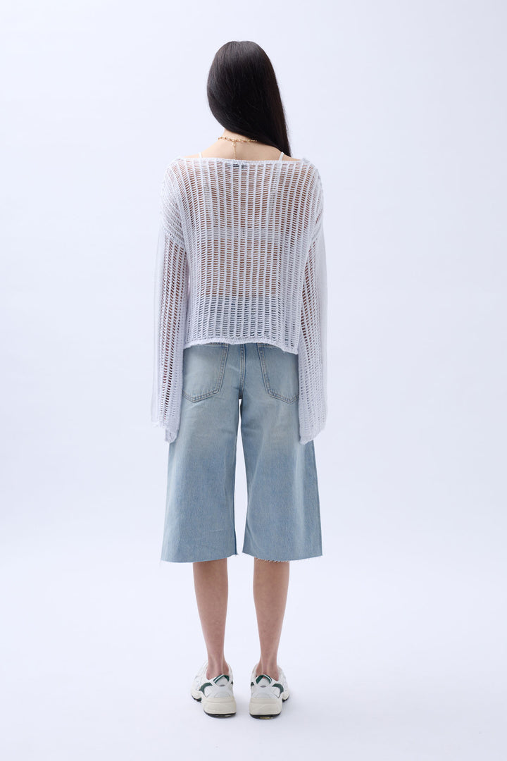 Boat Neck Openwork Blouse - White