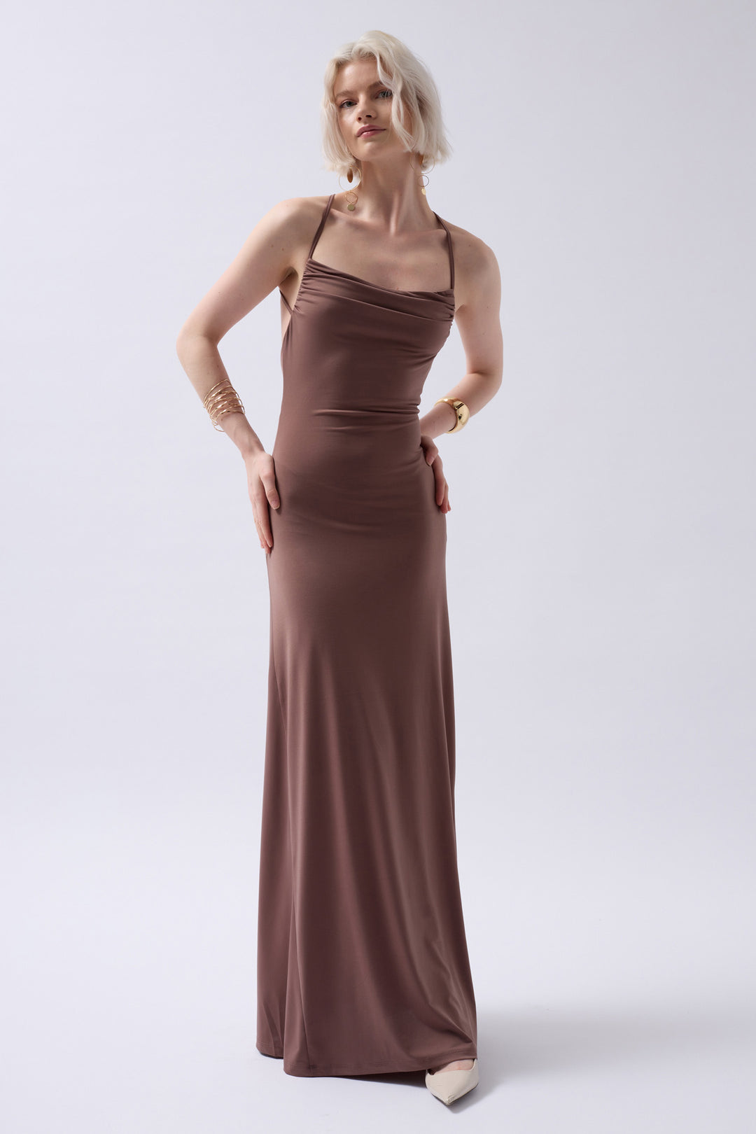 Claudia Tie Up Detail Dangle Collar Maxi Dress - Brown