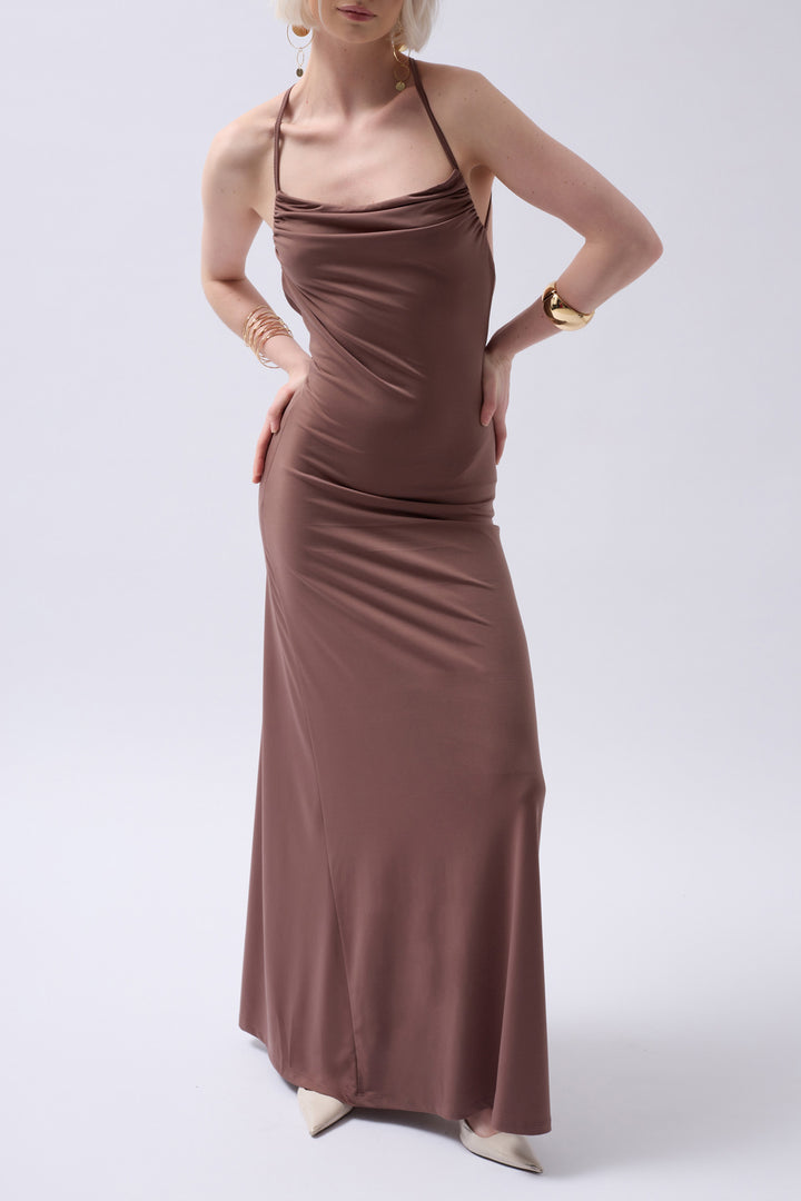 Claudia Tie Up Detail Dangle Collar Maxi Dress - Brown